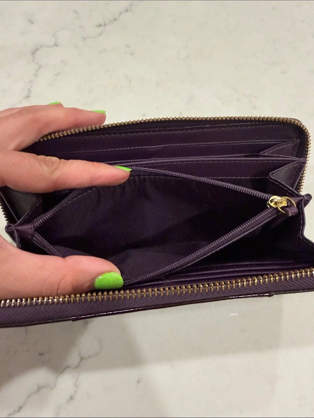 Coach Patent Leather Zip Wallet - purple with Gold shimmer